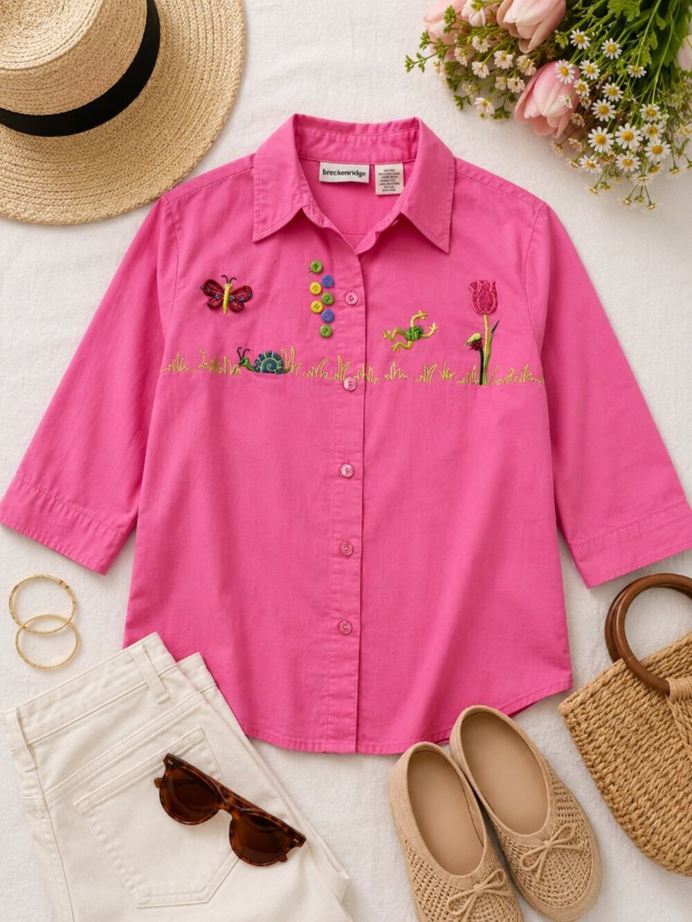 Breckenridge Petite Pink Embroidered Button-Up Shirt Whimsical Bug Top